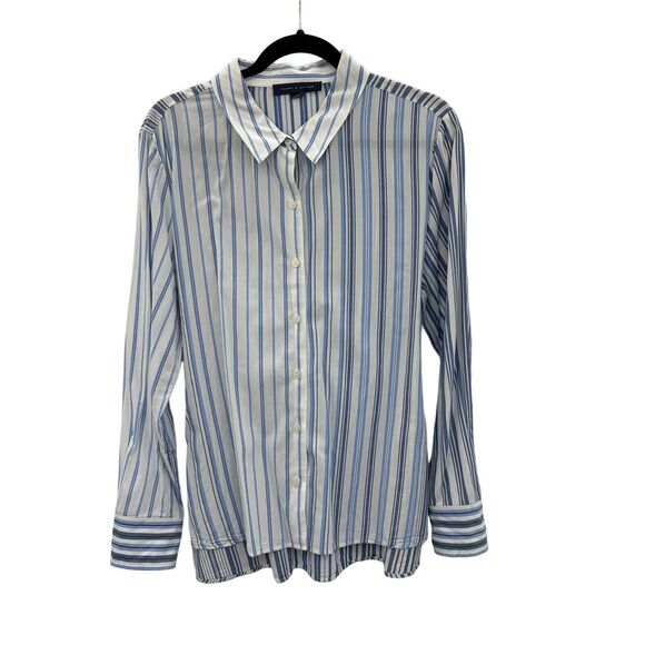 Tommy Hilfiger Shirt Women's XL Blue White Striped Button Down Coastal Hamptons - Picture 1 of 11